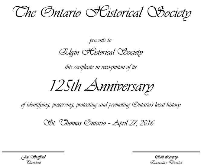 The OHS acknowleged our 125th year in 2016